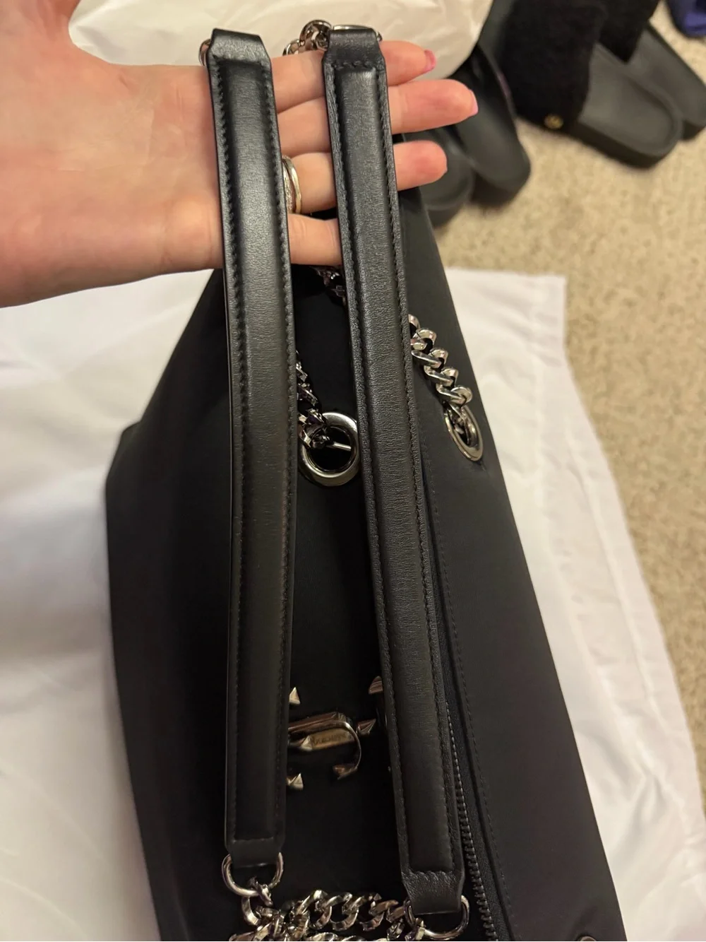 Jimmy Choo Black Nylon and Leather Tote with Chain-Strap Detail